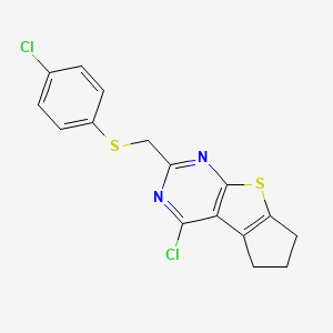 Structure - 4-Chloro-2-[[(4-chlorophenyl)thio]methyl]-6,7-dihydro-5H-cyclopenta[4,5]thieno[2,3-d]pyrimidine, 1-chloro-3-[(4-chlorophenyl)sulfanylmethyl]-7,8-dihydro-6H-cyclopenta[2,3]thieno[2,4-d]pyrimidine