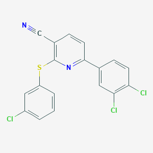 Struktura - 2-[(3-Chlorophenyl)sulfanyl]-6-(3,4-dichlorophenyl)pyridine-3-carbonitrile, 90%